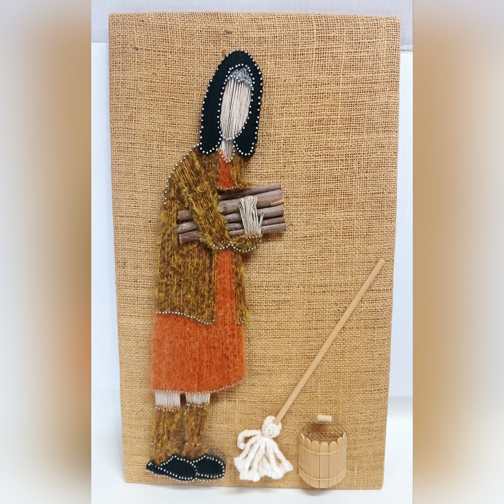 Rustic Vintage Burlap Wall String Art with Orange and Brown Accents